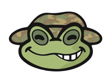 A green cartoon frog face wearing a camouflage bucket hat, smiling with one tooth showing.