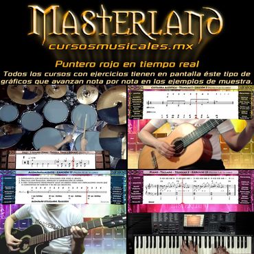 Muestra de videos de cursos musicales donde un puntero rojo sigue la música que se va tocando