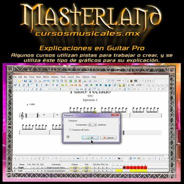 Algunos videos de los cursos musicales contienen explicaciones de Guitar Pro en una pantalla grande.