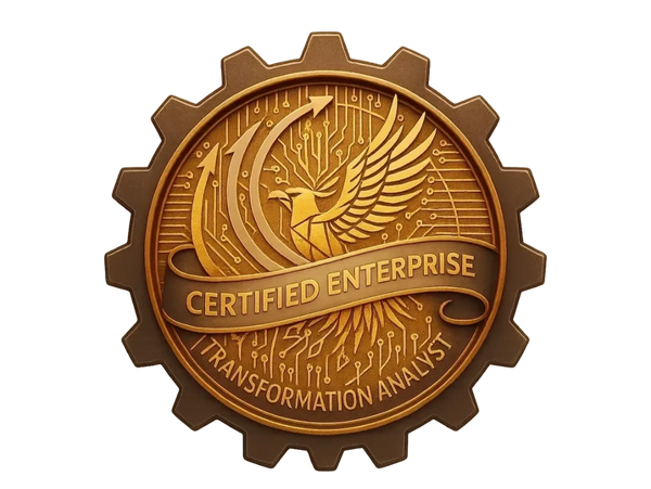 Bronze badge with a phoenix and arrows titled Certified Enterprise Transformation Analyst.