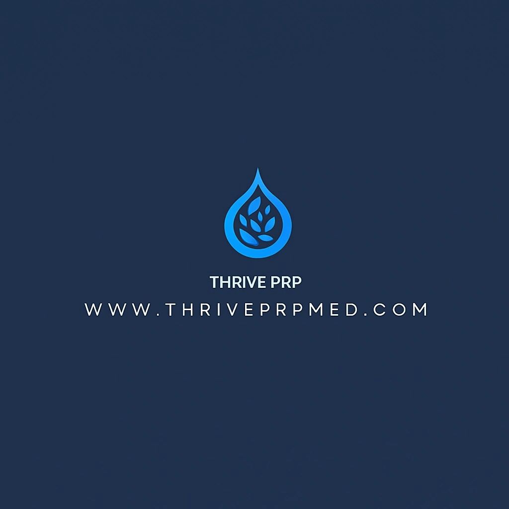 Logo of Thrive PRP with a blue water drop and leaves on a dark background.