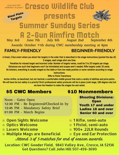 Flyer for Cresco Wildlife Club's Summer Sunday Series, a 2-Gun Rimfire Match event.