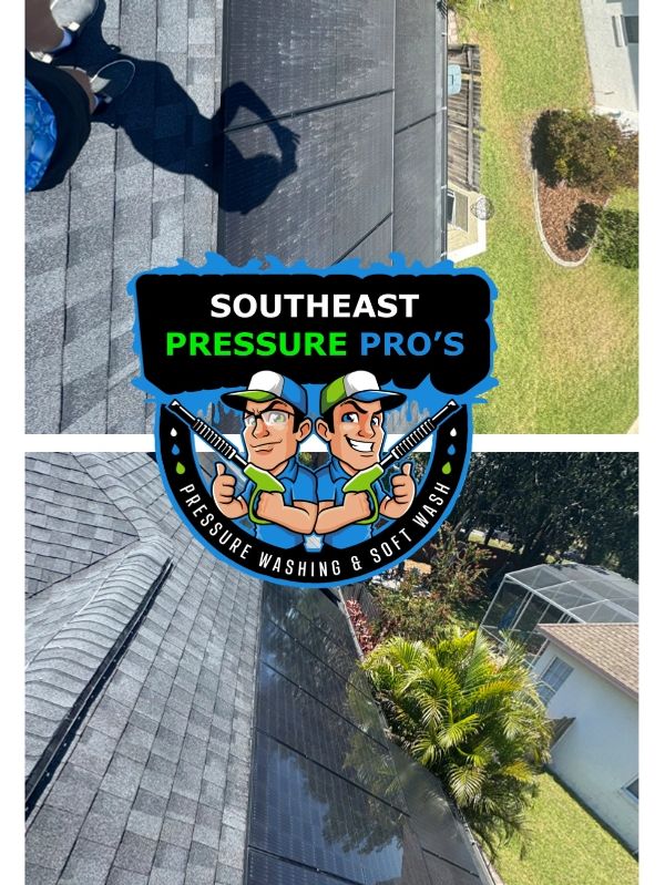 Before and after shots of a roof being pressure washed to remove dirt and grime.