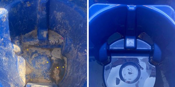 Side-by-side comparison of a dirty and clean blue trash bin.
