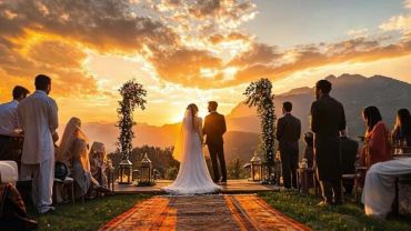 Couple standing at sunset during an outdoor wedding ceremony with guests watching.