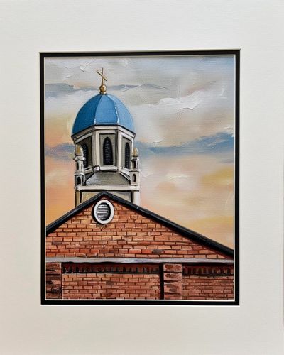 Painting of a church tower with a blue dome against a colorful sky.