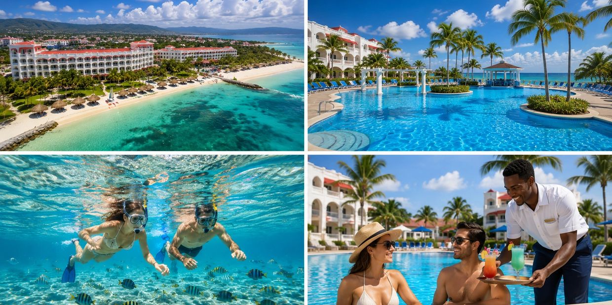 Tropical resort with beach, pool, snorkeling, and drinks.