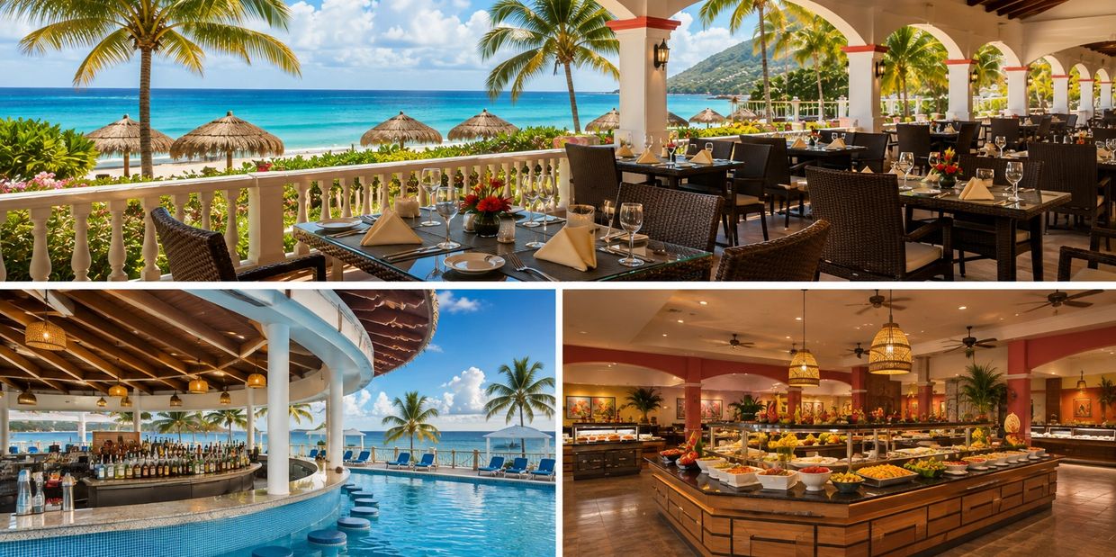 Beautiful beachfront restaurant and bar with buffet area.