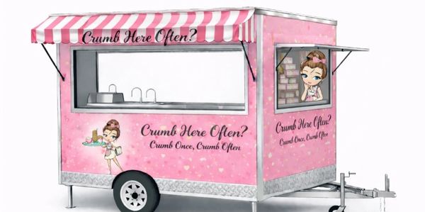 Pink food truck with playful baking theme and slogan.