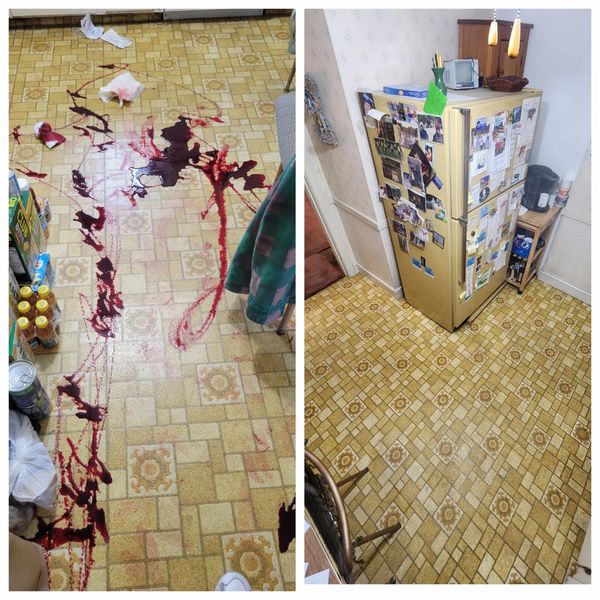 Before and after trauma cleanup from medical accident resulting in a blood spill in Woburn, MA.