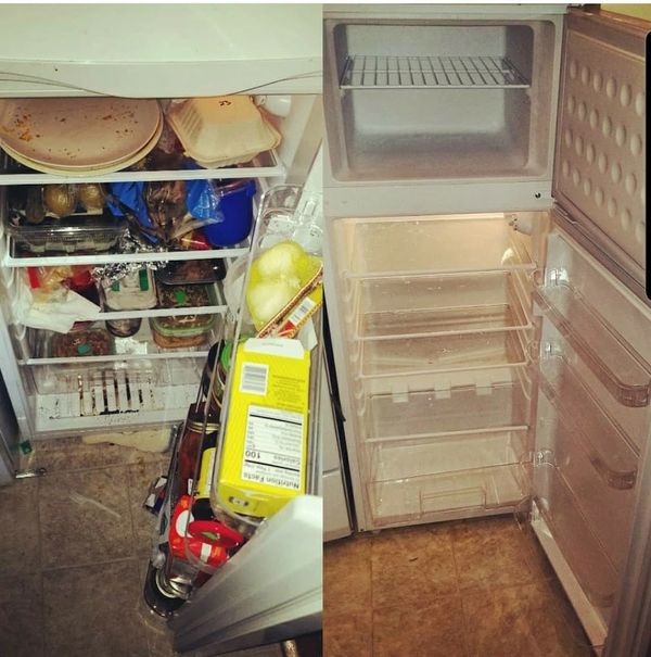 cleaning out gross fridge with spoiled food and rotten meat and bad milk with removal of bad odor