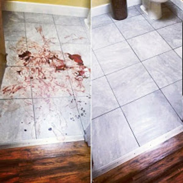 blood cleanup caused by a trauma event befroe and after crime scene cleanup pictures
