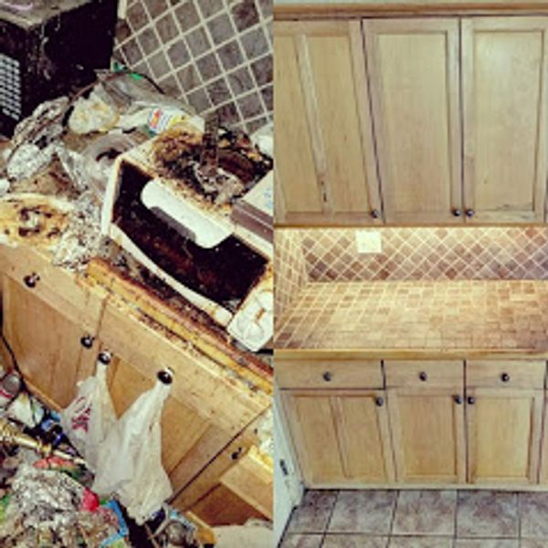 before and after hoarder cleanout with gross filth in the kitchen