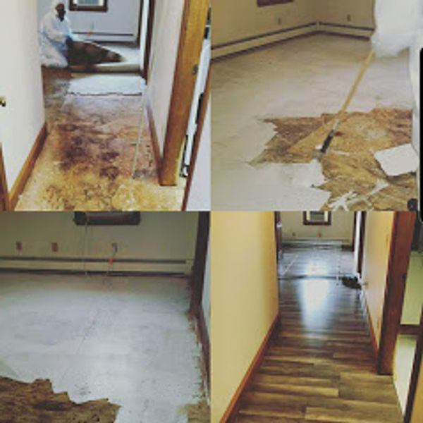 before and after of extreme pet waste cleanup with removal of carpets and sealing the subfloor