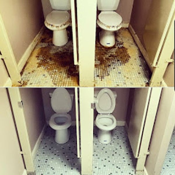 sewage cleanup in a commercial bathroom