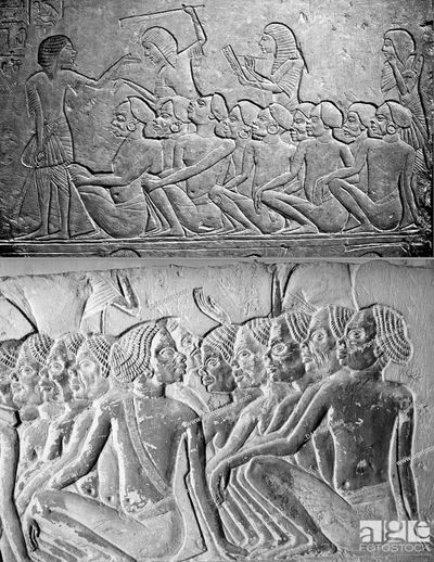 Ancient Egyptian reliefs depict groups of seated men with distinct hairstyles and accessories.