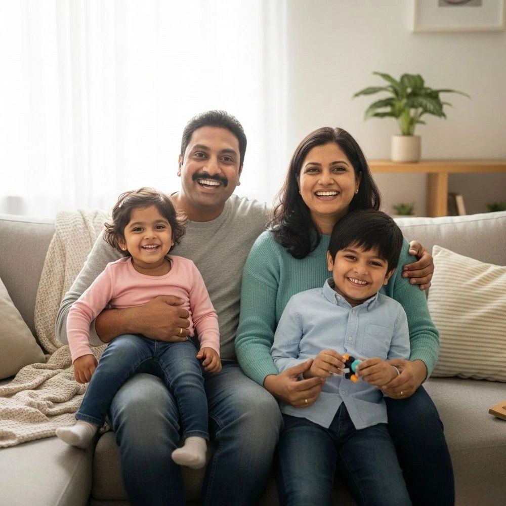 Happy Indian family of four smiling on a cozy sofa.