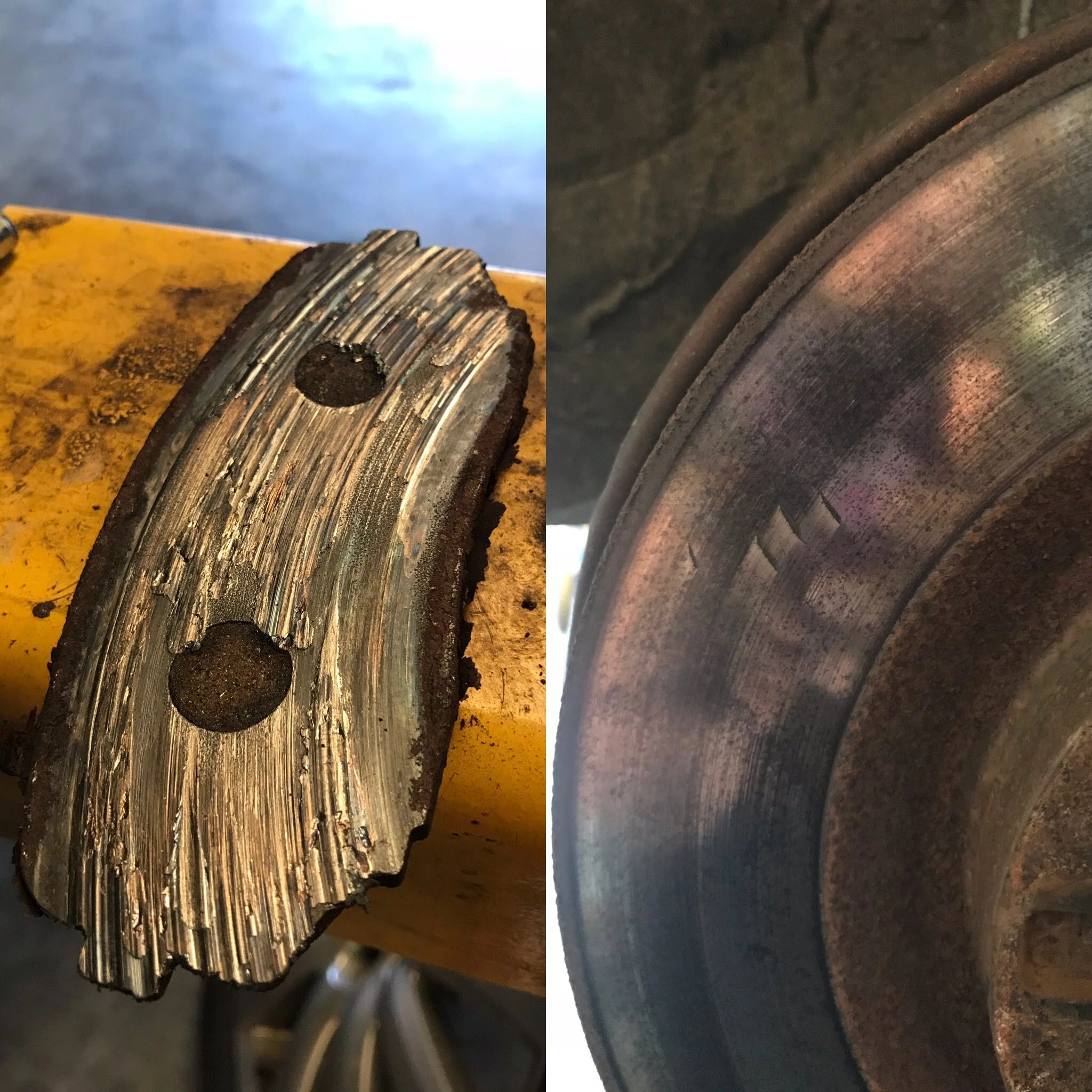 Worn out brake pad and rotor from a 2008 MAZDA CX-9.