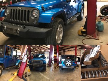 4 inch suspension lift performed on a 2014 Jeep Wrangler Unlimited Sport with a 3.6L V6 engine. 