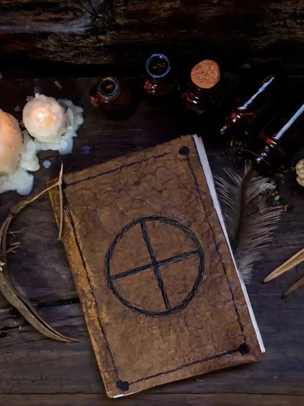 Spiritual book of rituals with sacred Earth symbol for spell casting.