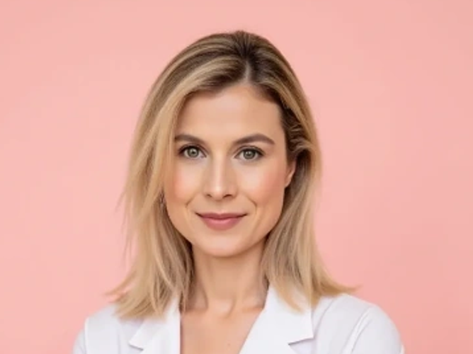 Dr Burcu Kim, specialist dermatologist in Sydney, wearing a white coat