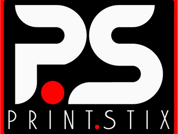 Logo of Print.Stix featuring bold white letters and red dots on black background.