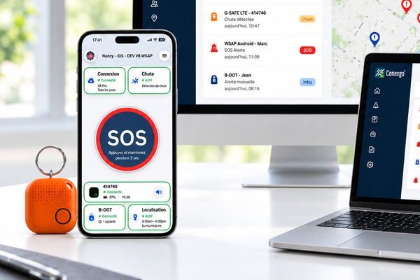 WSAP app Smartphone with a large SOS button beside an orange safety device, laptop and monitoring sc