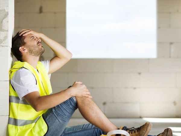 Worker sitting down against a wall hurt