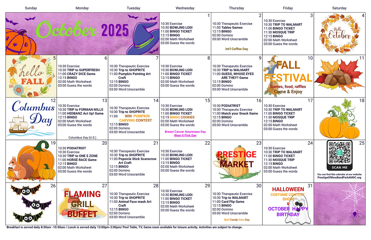 Calendar of Activities at our Day Care Center
