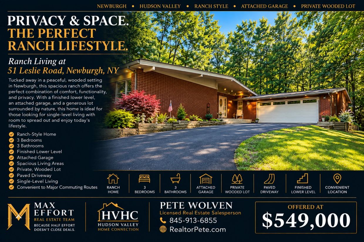 Ranch-style home with spacious living in Newburgh, NY for $549,000.