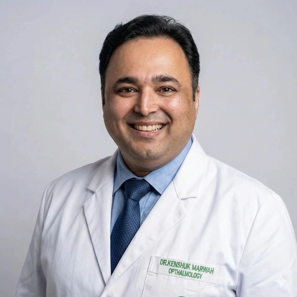 Smiling ophthalmologist in white coat and blue tie.