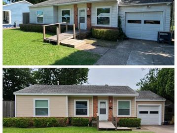 Before and after images of a renovated single-story house with fresh paint and landscaping.
