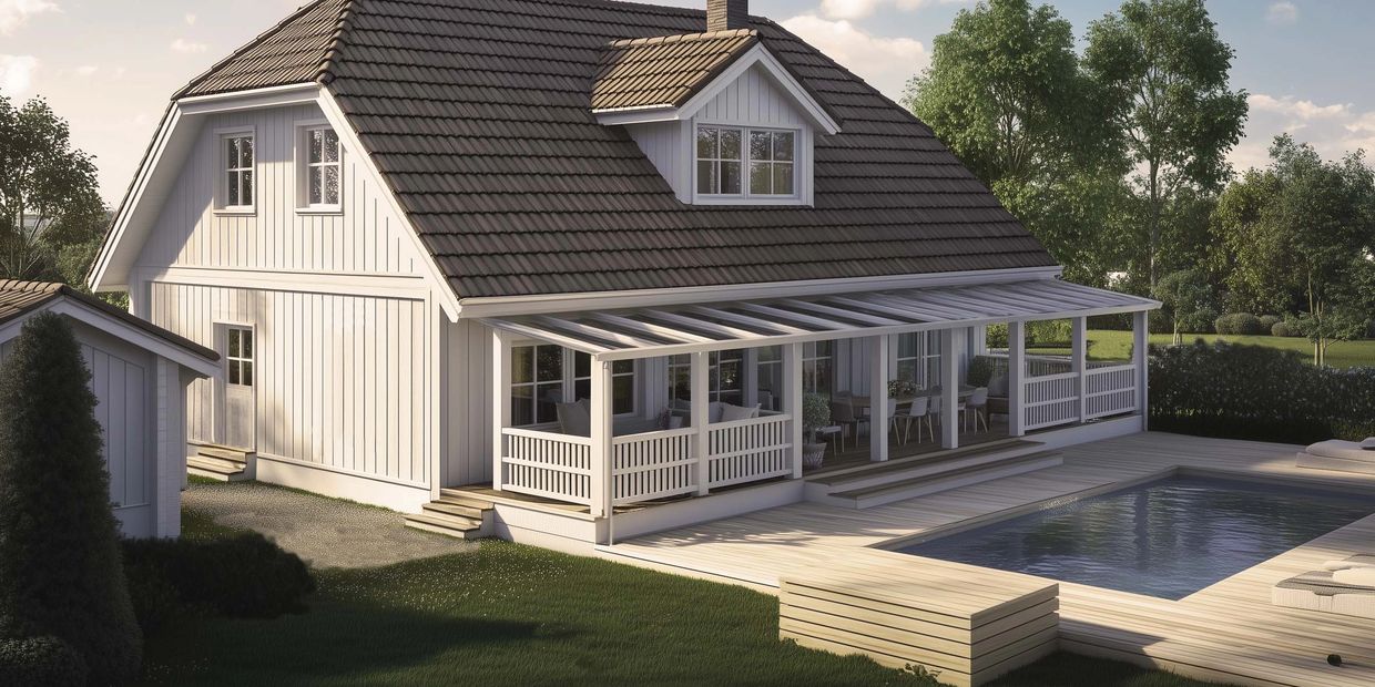 White house with a covered porch and swimming pool in a green yard.