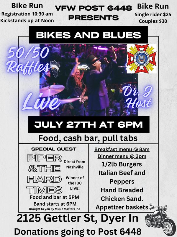 Event flyer for Bikes and Blues with live music and food.