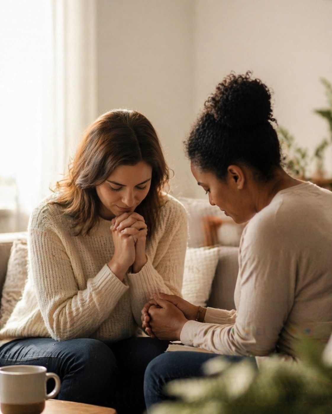 Two women praying together in a cozy setting.