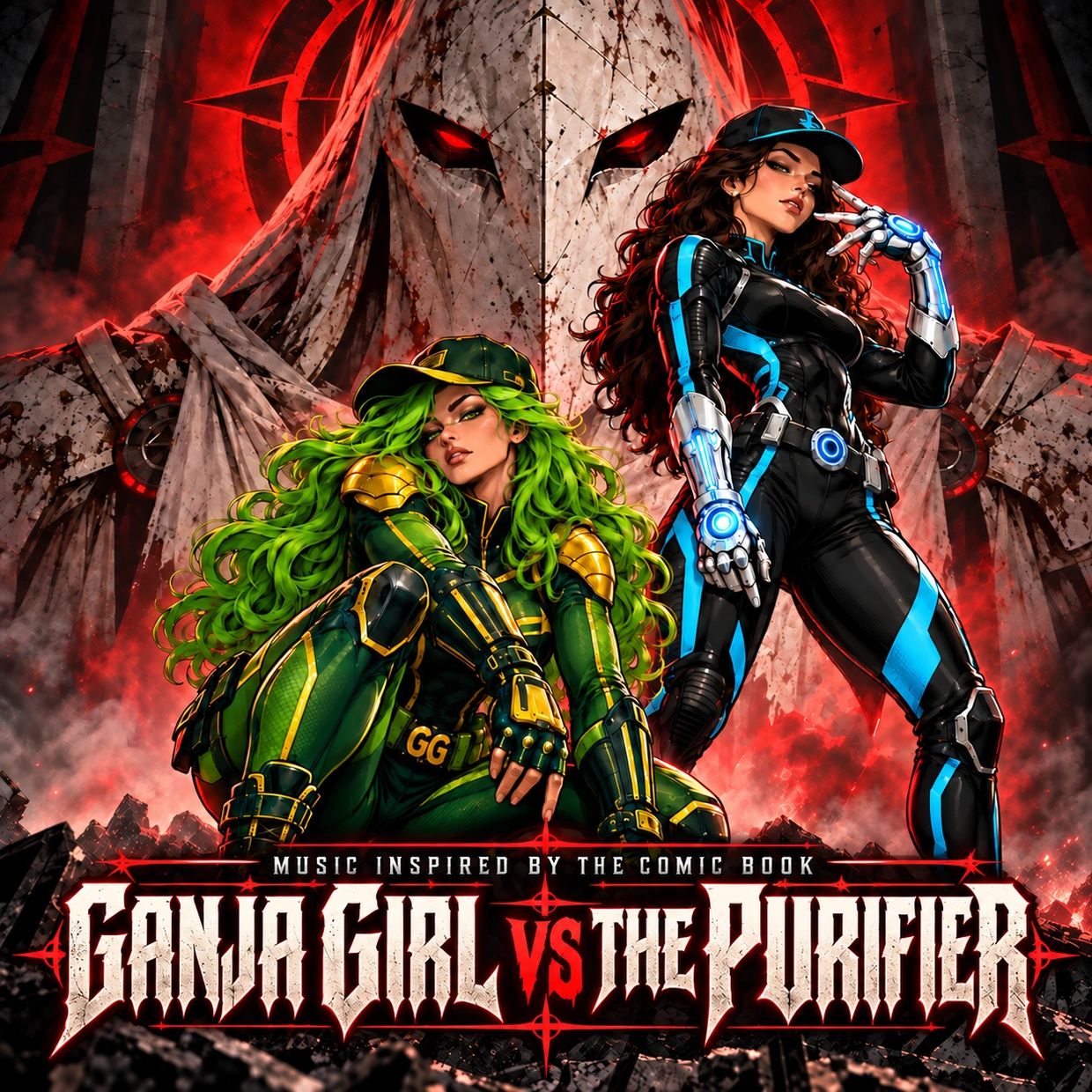 Two futuristic women in battle poses with a dark, ominous figure behind them.