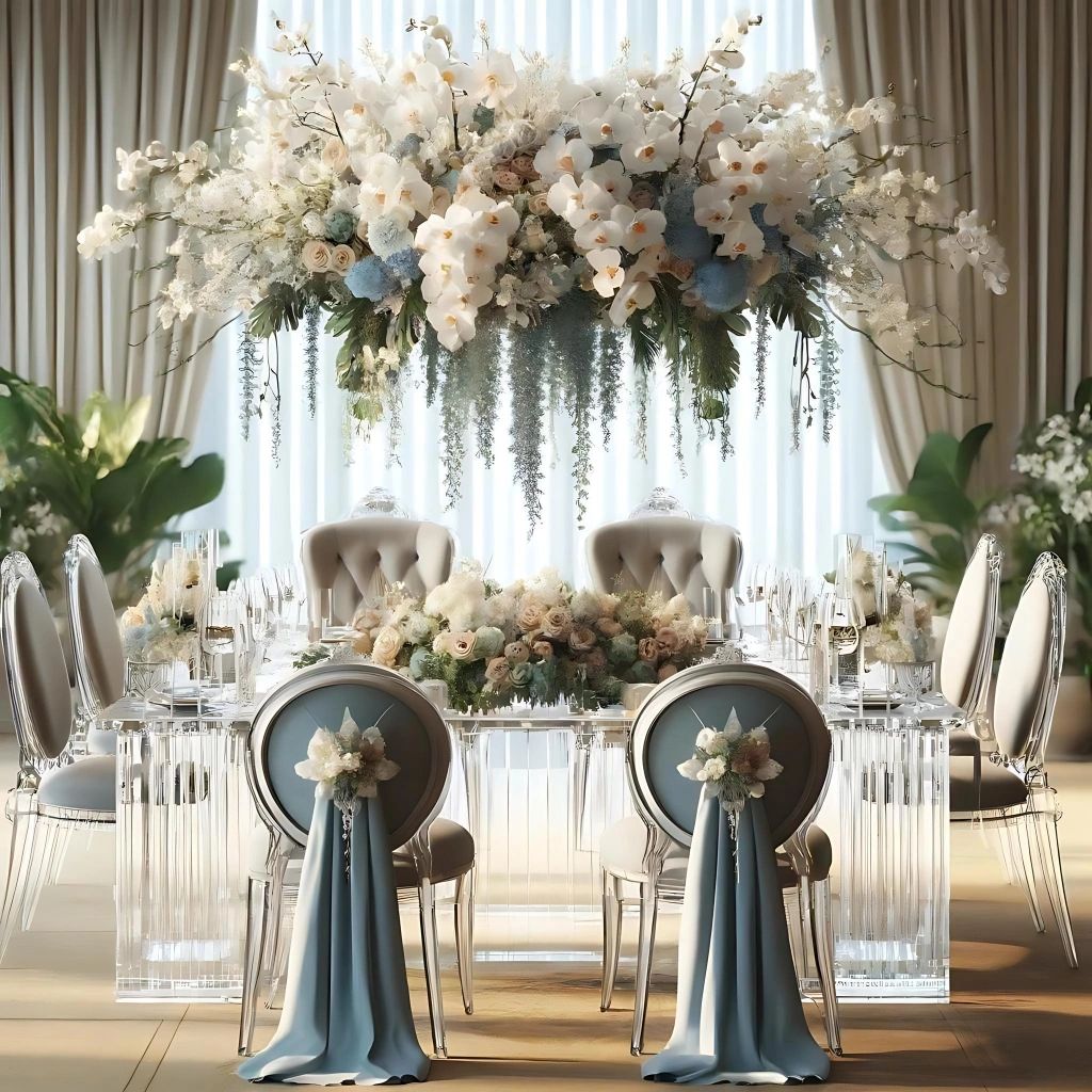 sweetheart table setup with crystal table and orchdis flowers