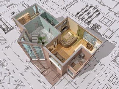 3D building model overtop home plans