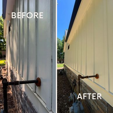 Before and after view of a freshly painted exterior wall with pipes.