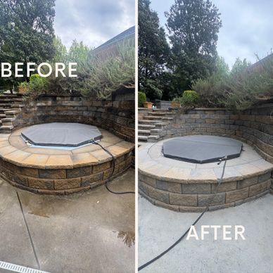 Before and after cleaning of a circular stone hot tub area with cover.