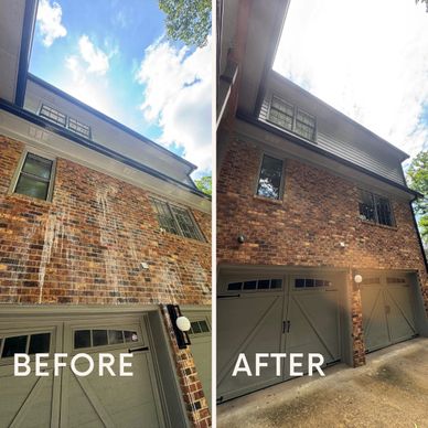 Before and after images of a brick house showing cleaning or restoration work.