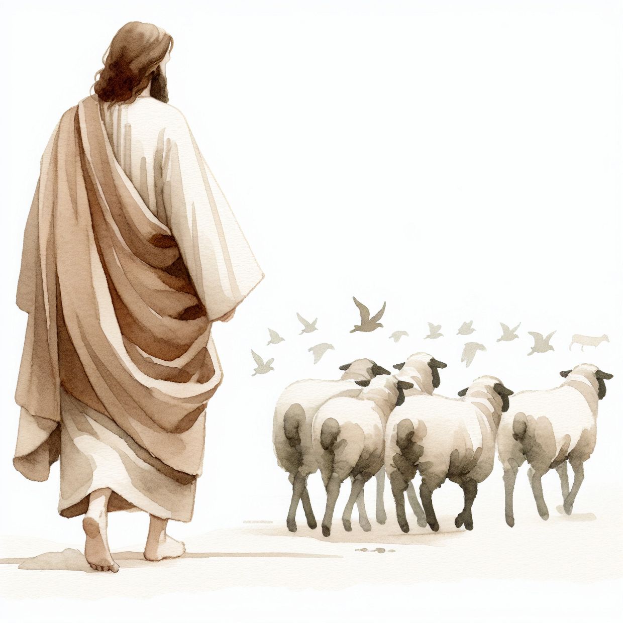 A shepherd follows his flock of sheep, with birds flying overhead.