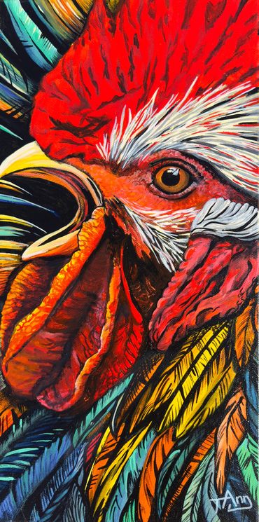 The vibrant up close view of a rooster with his mouth open, cawing.