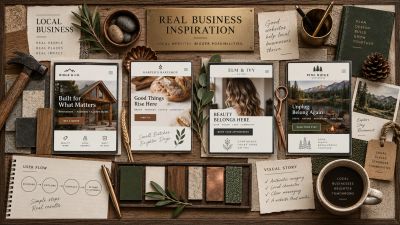Aesthetic flat lay of local business inspiration with design elements and tools.
