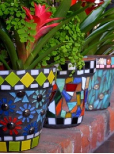Plant Pots With Mosaic Art With Tiles