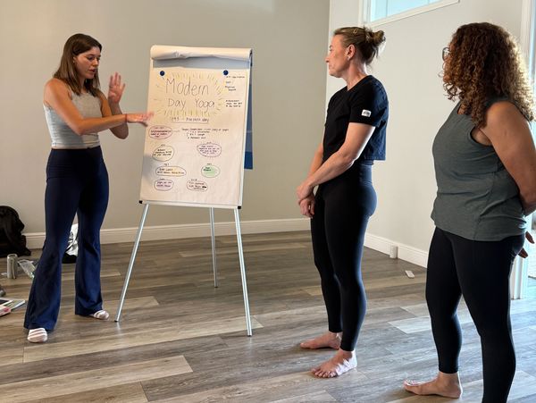 A woman explains yoga concepts on a flip chart to two attentive participants.