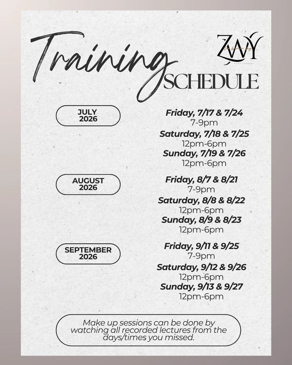 Training schedule for July to September 2026 with weekend sessions and make-up options.