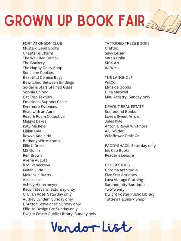 List of vendors for the Grown Up Book Fair.