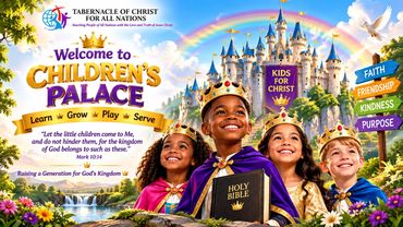 Children dressed as royalty with crowns and a Bible in front of a castle.
