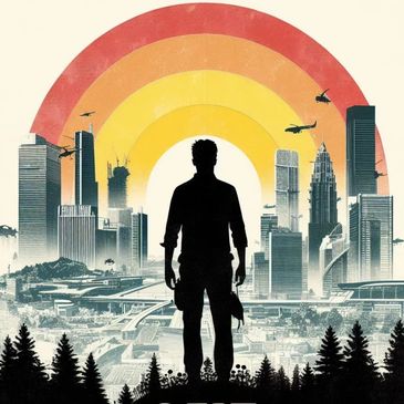 Man silhouetted with buildings and a rainbow behind him